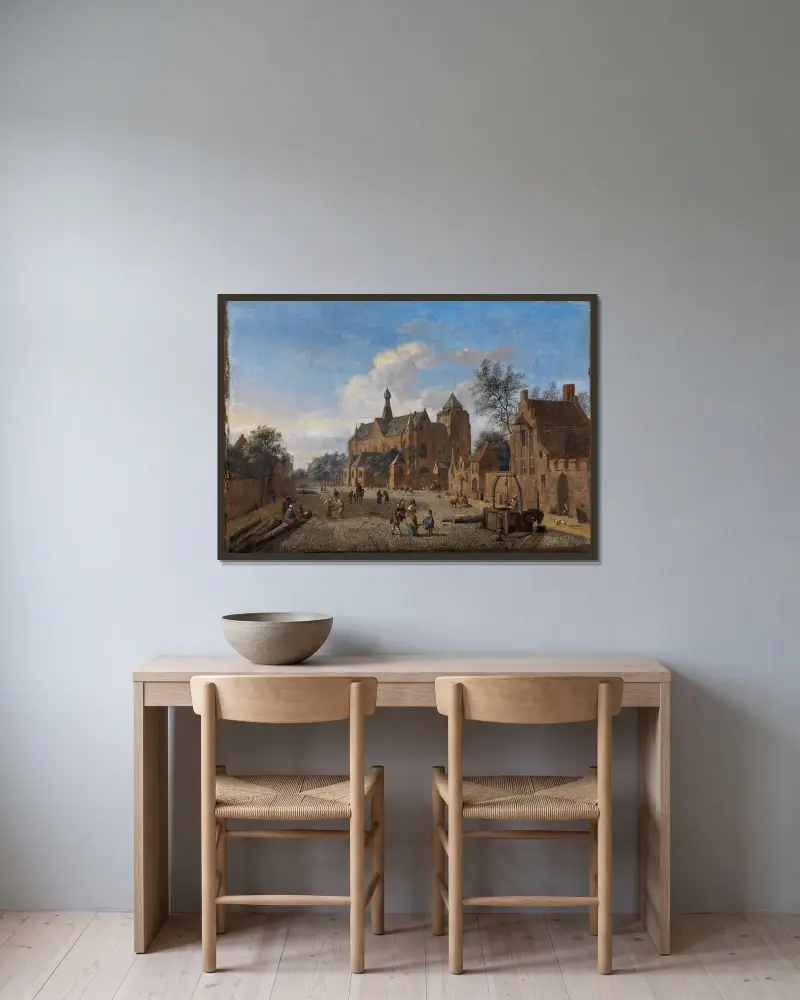 Der Kirchplatz von Veere in Zeeland av Jan van der Heyden inramad på en vägg