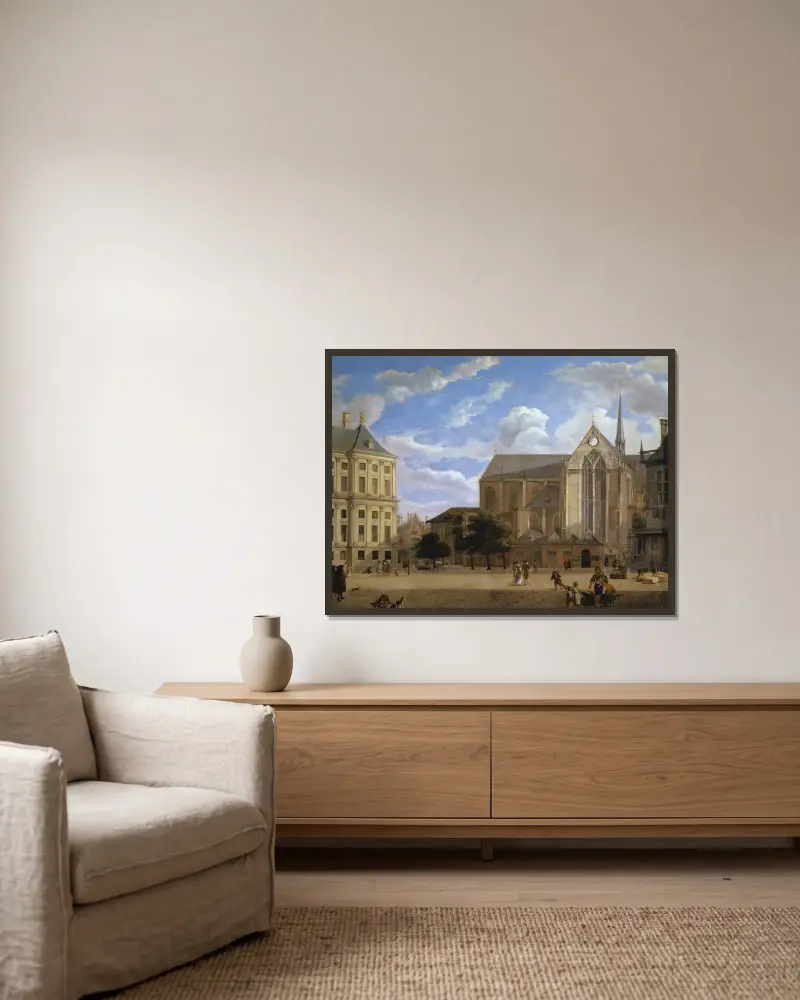The Dam in Amsterdam towards the Townhall and Nieuwe Kerk av Jan van der Heyden inramad på en vägg