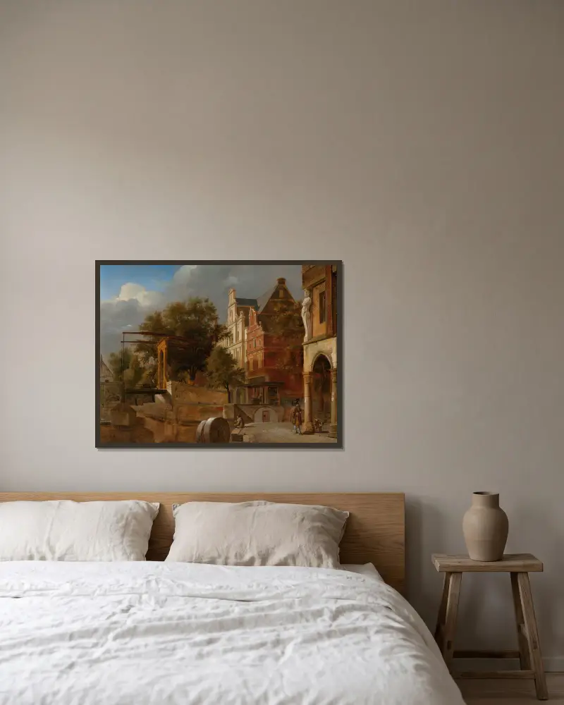 Die Zugbrücke von Jan van der Heyden gerahmt an einer Wand