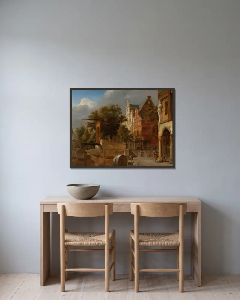 Die Zugbrücke von Jan van der Heyden gerahmt an einer Wand