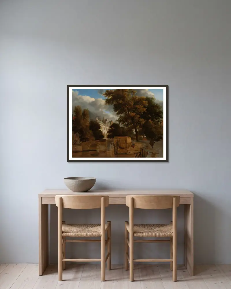 Die Steinbrücke von Jan van der Heyden gerahmt an einer Wand
