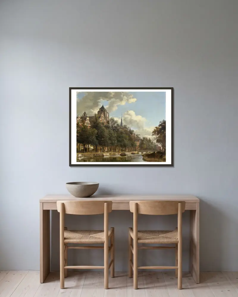 Pohled po holandském kanálu, Jan van der Heyden v rámu na stěně