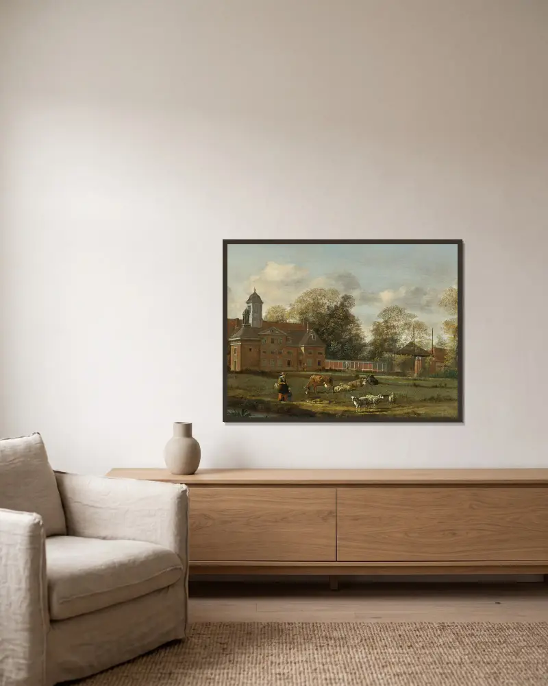 Utsikt över Goudestein med en kvinna och ett barn som går längs en damm av Jan van der Heyden inramad på en vägg