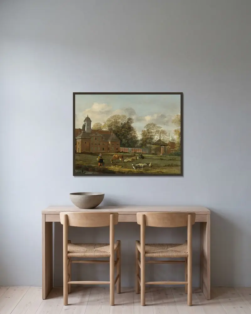 Utsikt över Goudestein med en kvinna och ett barn som går längs en damm av Jan van der Heyden inramad på en vägg
