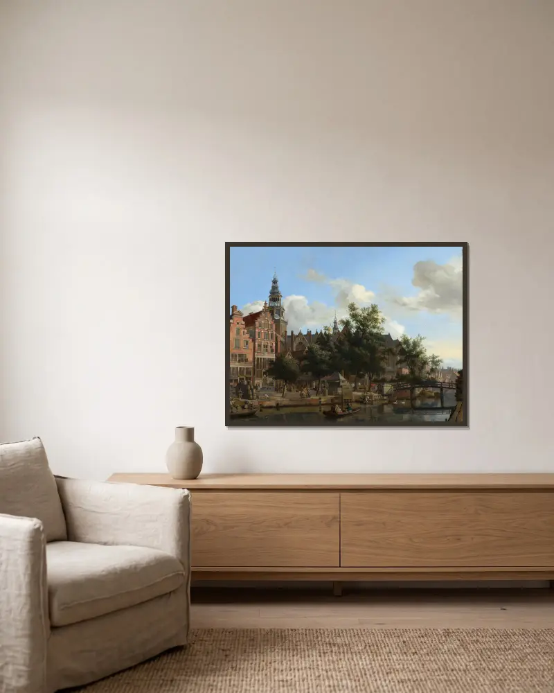 View of Oudezijds Voorburgwal with the Oude Kerk in Amsterdam av Jan van der Heyden inramad på en vägg