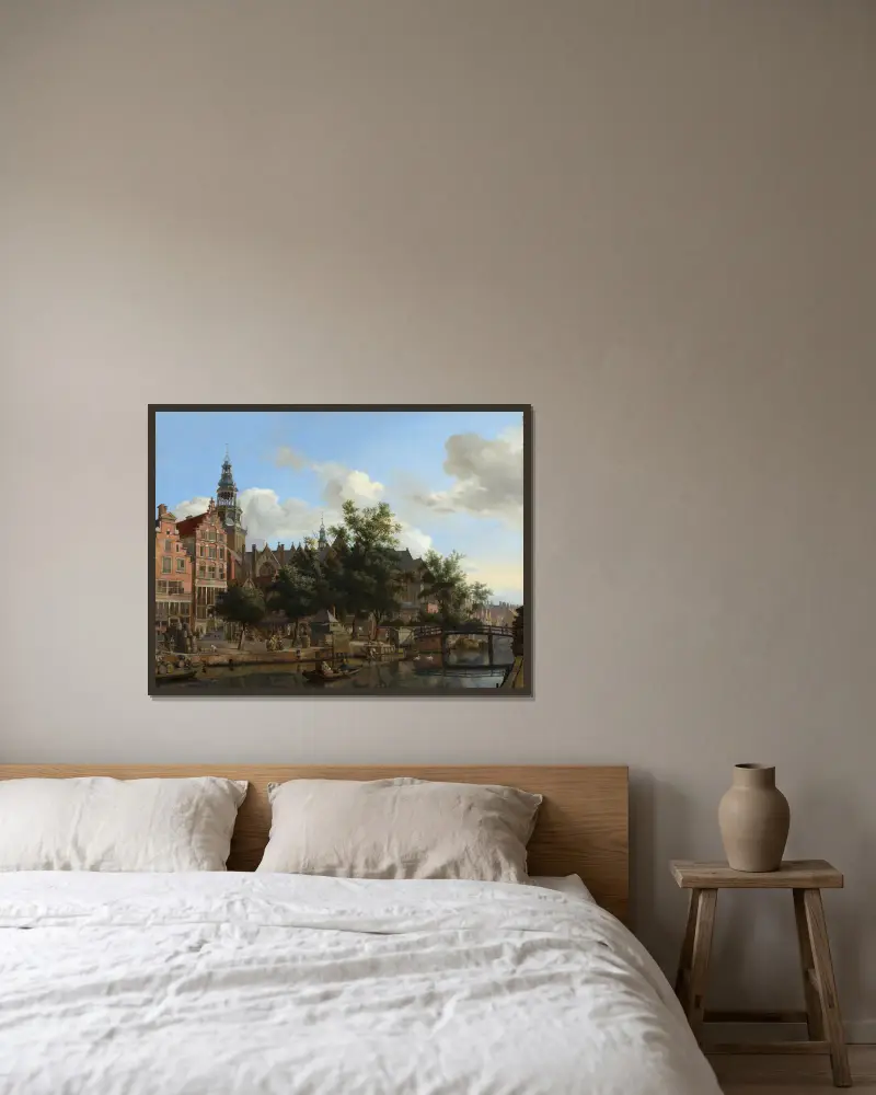 View of Oudezijds Voorburgwal with the Oude Kerk in Amsterdam av Jan van der Heyden inramad på en vägg