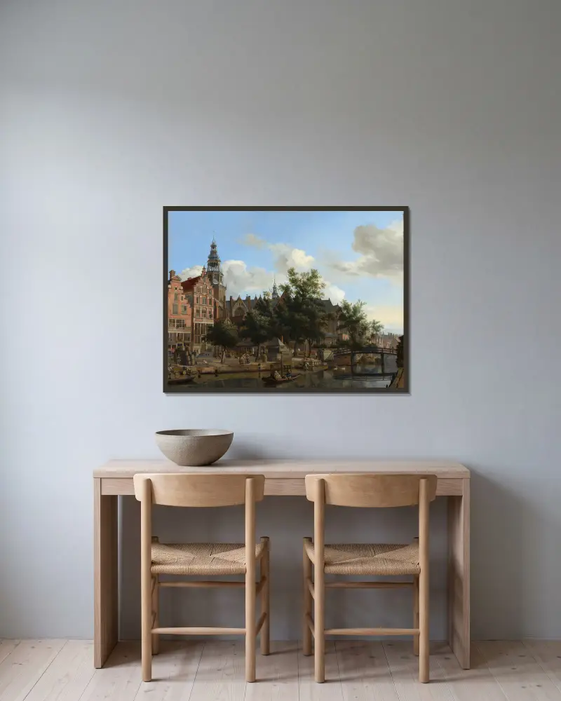 View of Oudezijds Voorburgwal with the Oude Kerk in Amsterdam av Jan van der Heyden inramad på en vägg