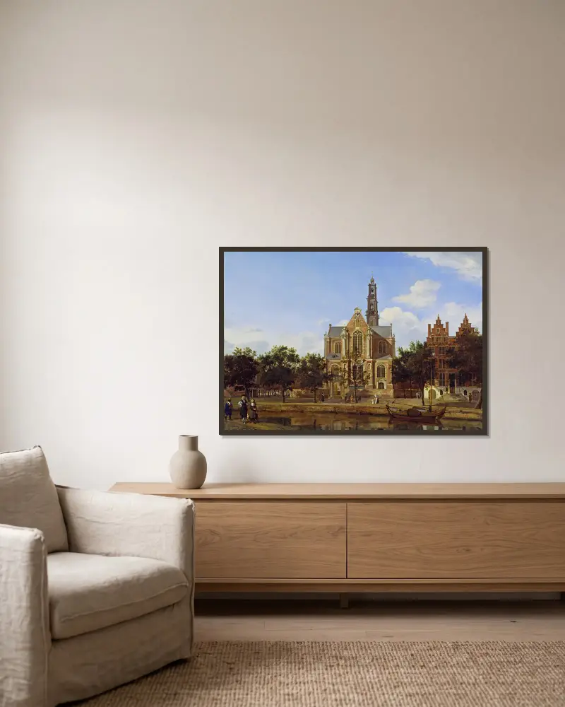 View of the Westerkerk, Amsterdam av Jan van der Heyden inramad på en vägg