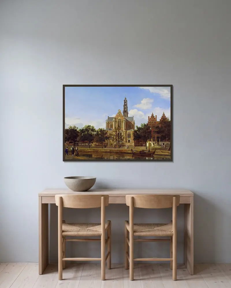 View of the Westerkerk, Amsterdam av Jan van der Heyden inramad på en vägg