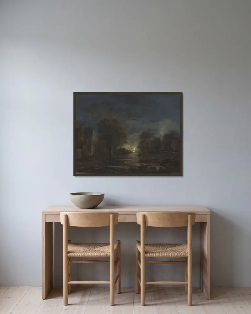 Månskenslandskap med värdshus vid en flod av Aert van der Neer inramad på en vägg
