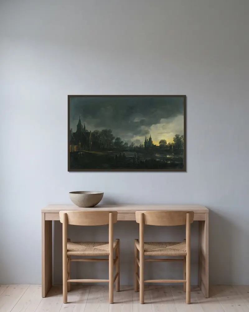 Månskenslandskap med flod och figurer vid en grind, by i bakgrunden av Aert van der Neer inramad på en vägg
