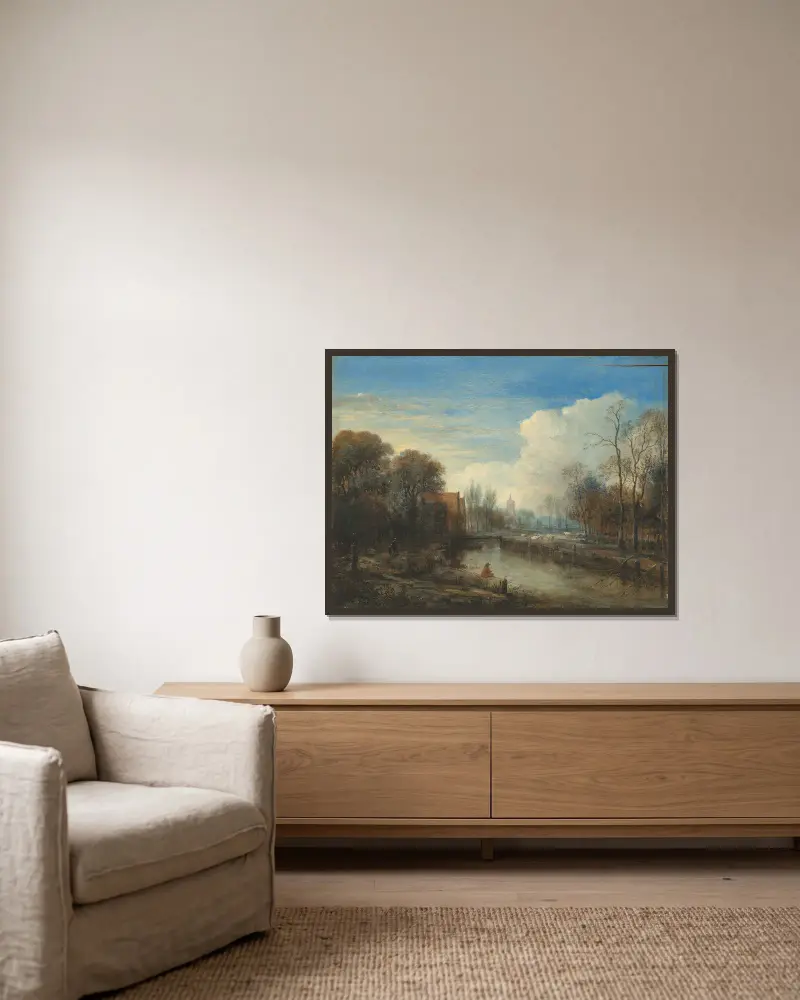 A river landscape, with an angler and sheep on the banks av Aert van der Neer inramad på en vägg