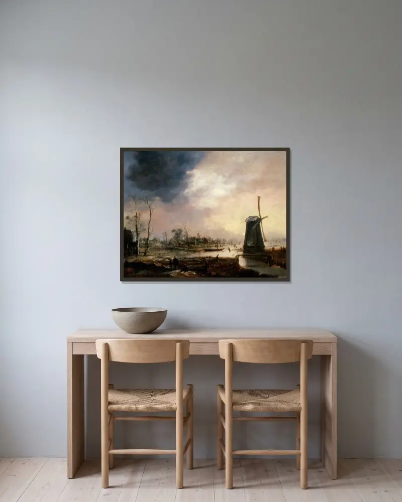 Vinterlandskap med väderkvarn av Aert van der Neer inramad på en vägg