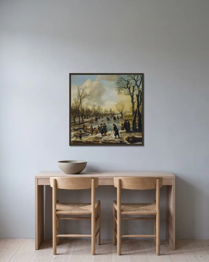 Vinterlandskap med bybor som åker skridskor och spelar kolf på en frusen kanal, en by bortom av Aert van der Neer inramad på en vägg