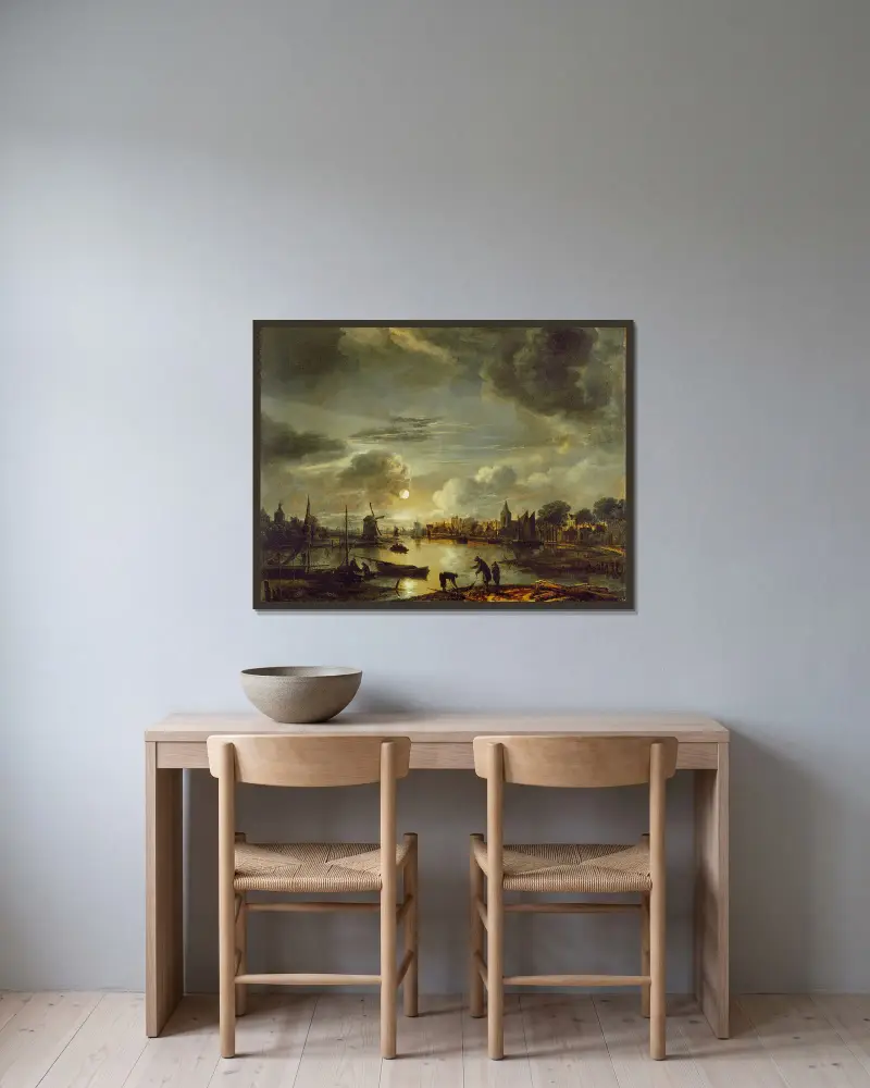 Kanalmotiv im Mondschein von Aert van der Neer gerahmt an einer Wand