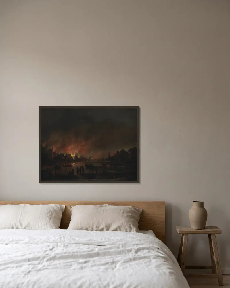 Fire at a Village by Night av Aert van der Neer inramad på en vägg