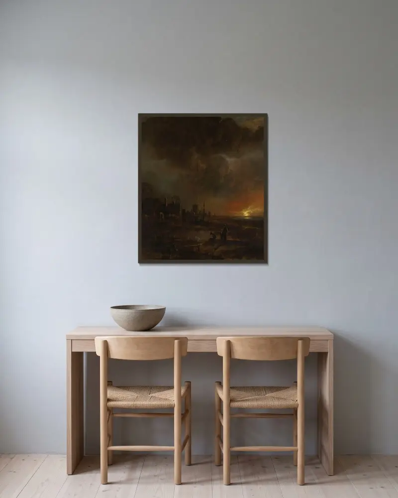 Fiske på natten av Aert van der Neer inramad på en vägg