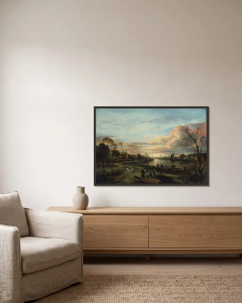 Landskap vid solnedgång av Aert van der Neer inramad på en vägg