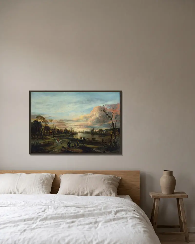 Landskap vid solnedgång av Aert van der Neer inramad på en vägg