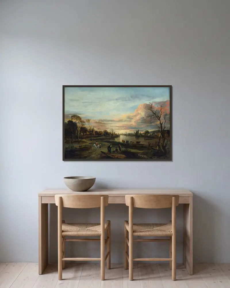 Landskap vid solnedgång av Aert van der Neer inramad på en vägg
