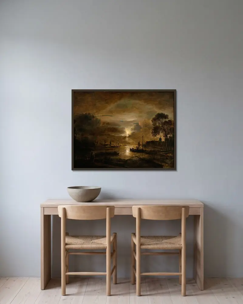 Månsken vid en holländsk flod av Aert van der Neer inramad på en vägg