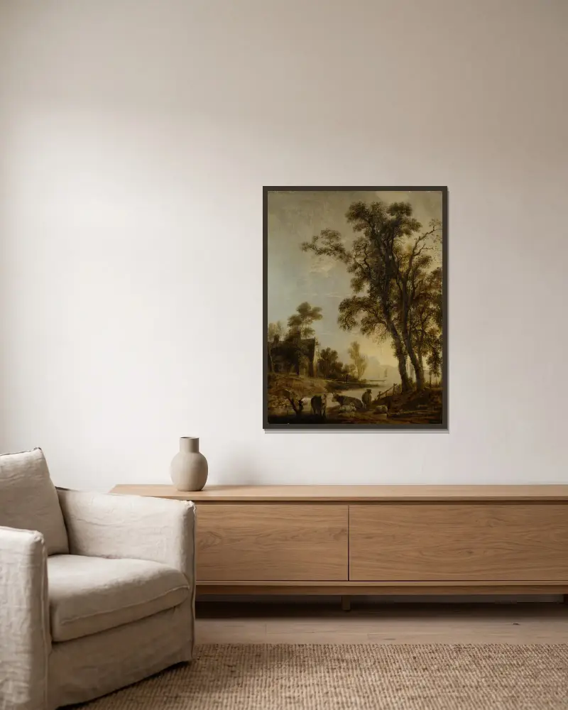 Flussufer mit Vieh von Aert van der Neer gerahmt an einer Wand