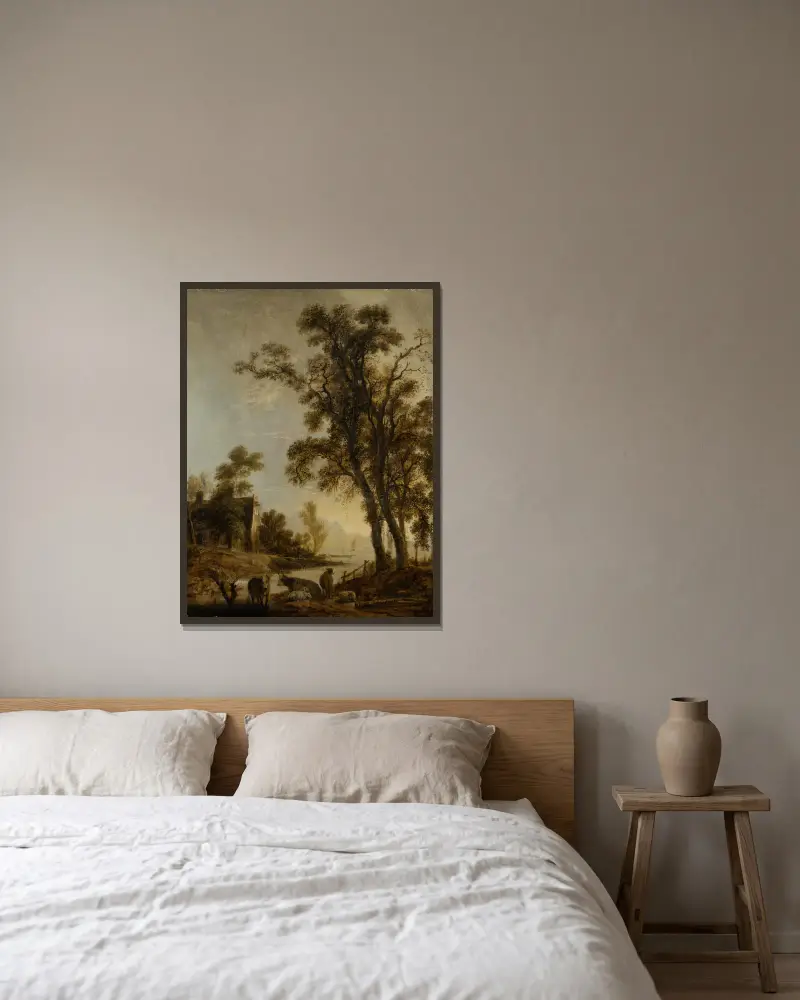 Flussufer mit Vieh von Aert van der Neer gerahmt an einer Wand