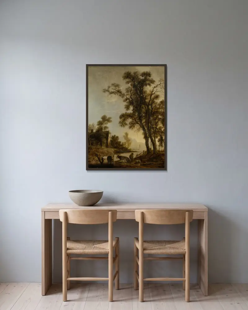 Flussufer mit Vieh von Aert van der Neer gerahmt an einer Wand