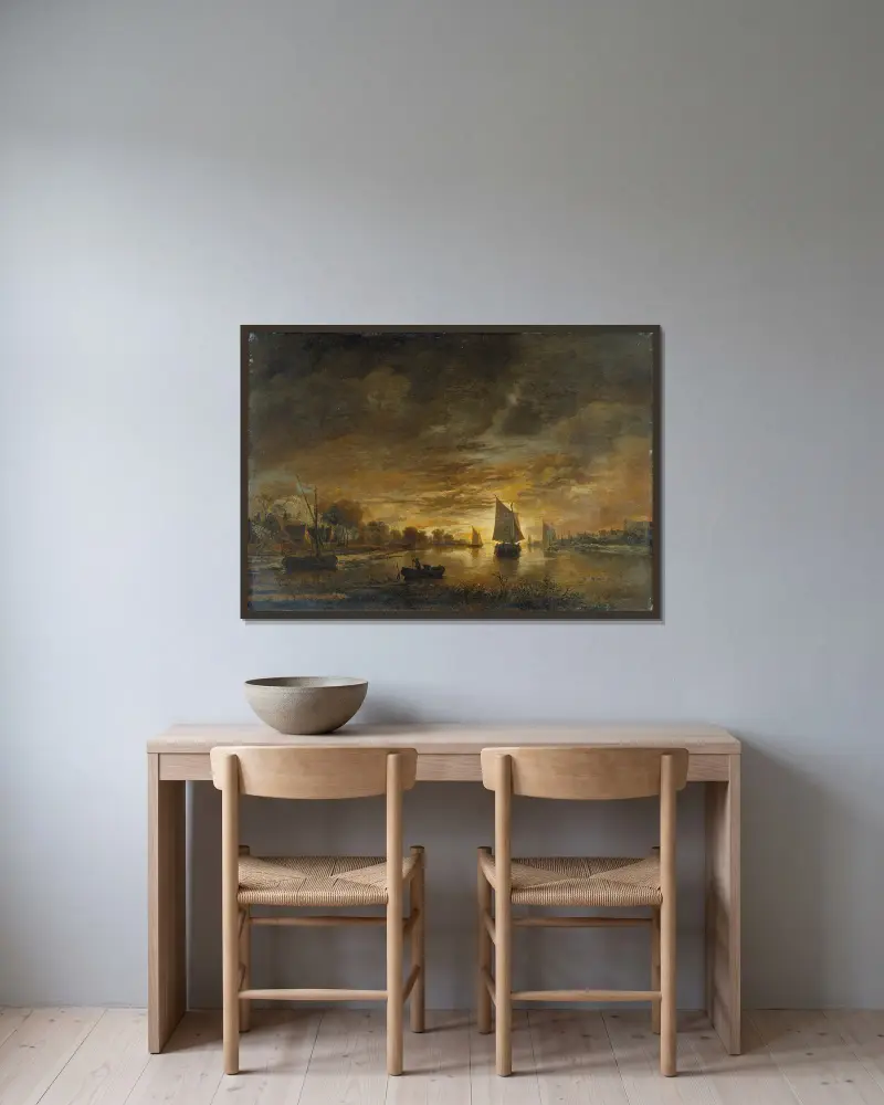 River Landscape with Ships at Moonrise av Aert van der Neer inramad på en vägg