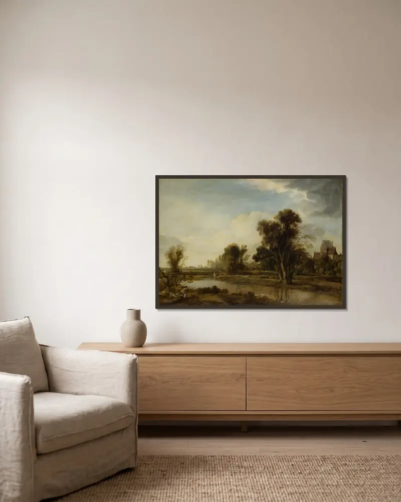 Dorfteich von Aert van der Neer gerahmt an einer Wand