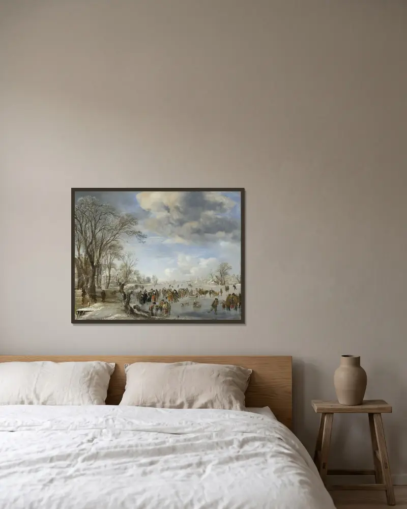 Vinter i Holland – Skridskoscen av Aert van der Neer inramad på en vägg