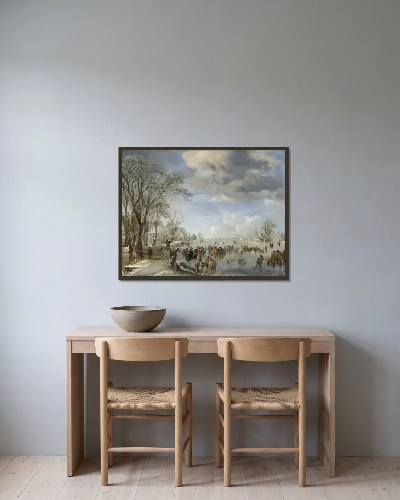 Vinter i Holland – Skridskoscen av Aert van der Neer inramad på en vägg