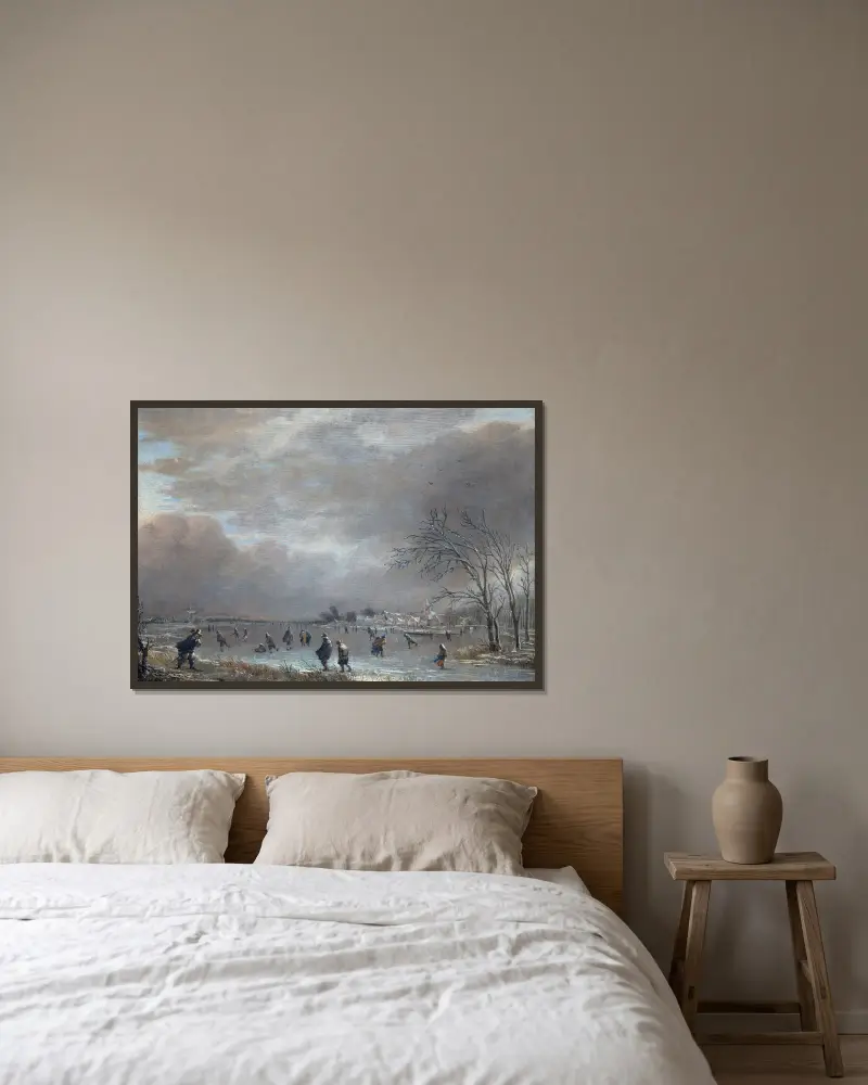 Winter Landscape with Skaters on a Frozen River av Aert van der Neer inramad på en vägg