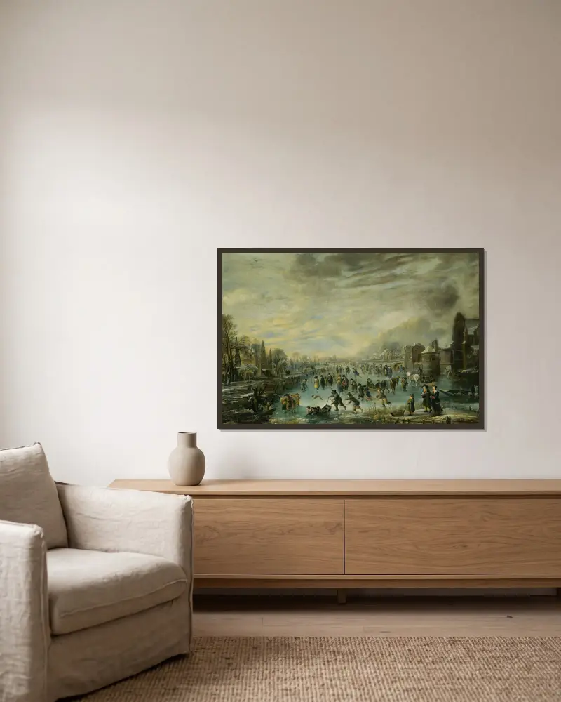 Winterlandschaft mit Schlittschuhläufern von Aert van der Neer gerahmt an einer Wand