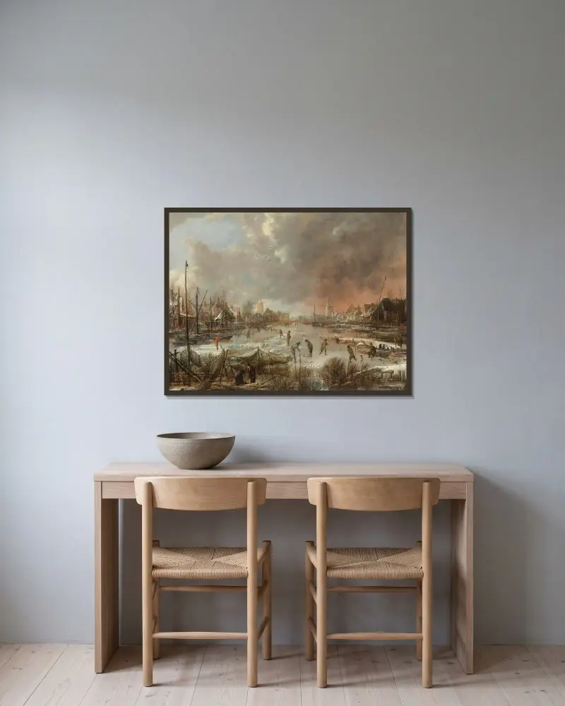 Winter landscape with sportsmen on a frozen river av Aert van der Neer inramad på en vägg
