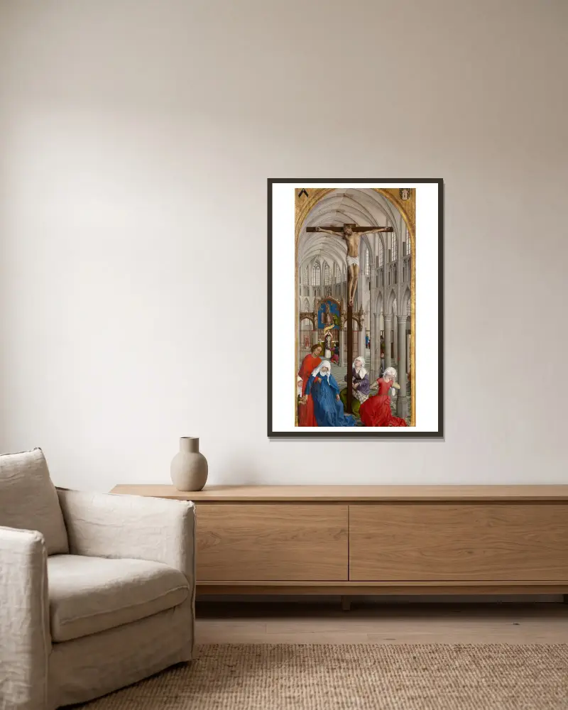 Christ on the Cross and the Eucharist av Rogier van der Weyden inramad på en vägg