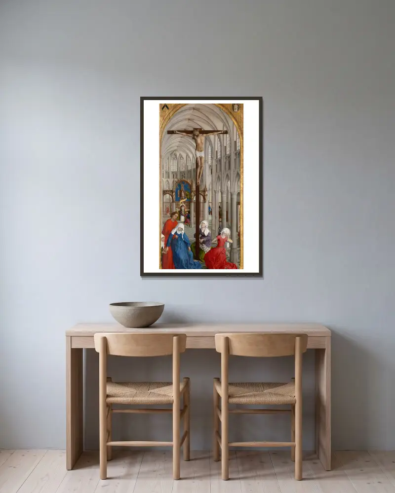 Christ on the Cross and the Eucharist av Rogier van der Weyden inramad på en vägg