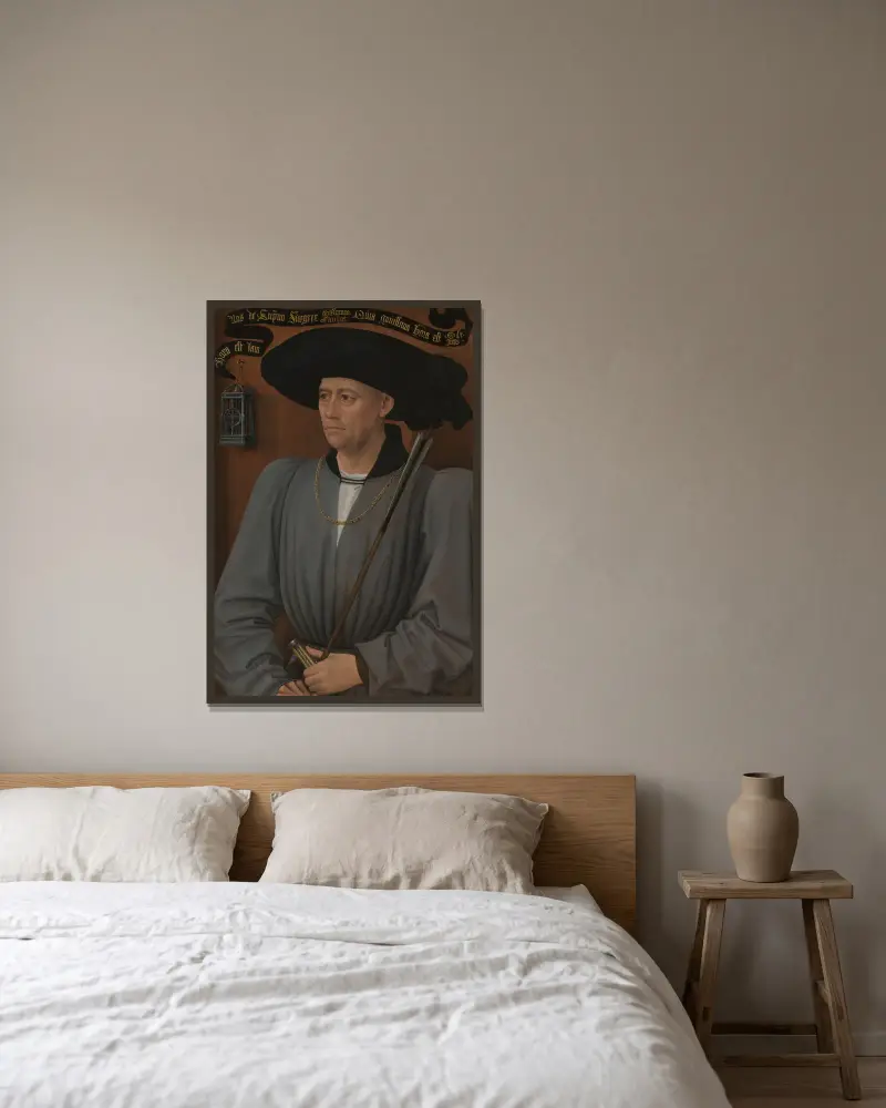 Portrait of a Tournament Judge av Rogier van der Weyden inramad på en vägg