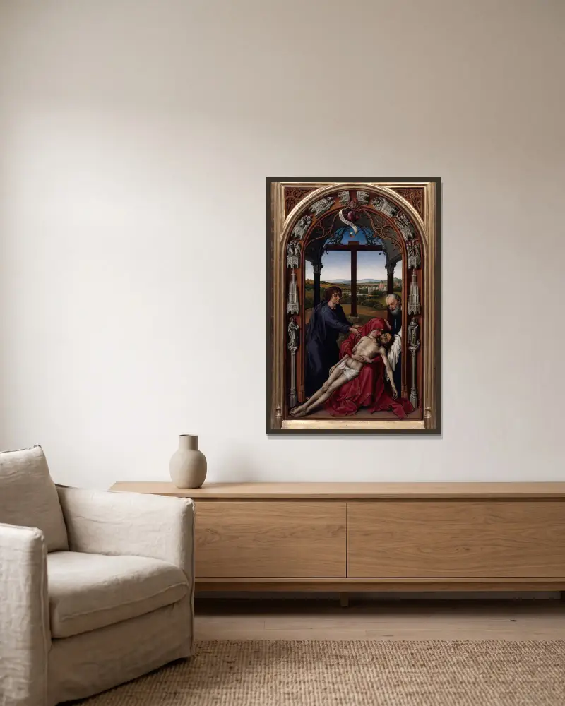 The Altar of Our Lady (Miraflores Altar), 1440 – nr 2 av Rogier van der Weyden inramad på en vägg