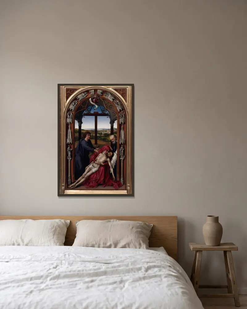 The Altar of Our Lady (Miraflores Altar), 1440 – nr 2 av Rogier van der Weyden inramad på en vägg
