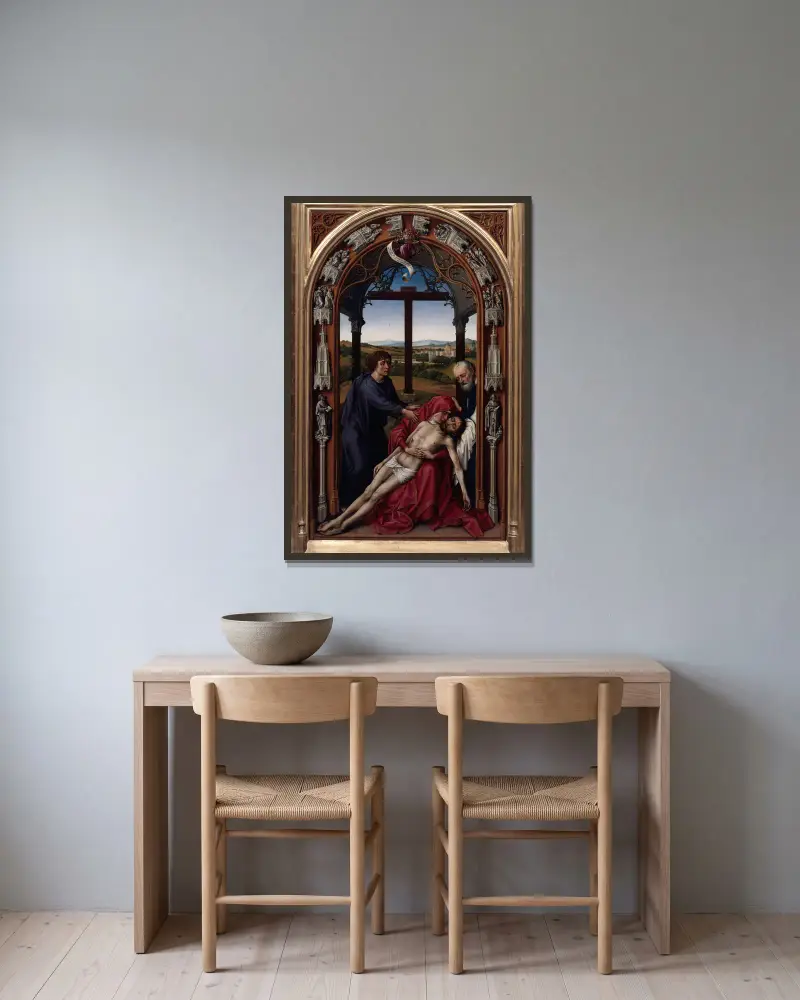 The Altar of Our Lady (Miraflores Altar), 1440 – nr 2 av Rogier van der Weyden inramad på en vägg