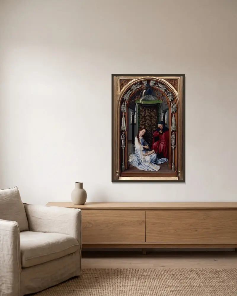 The Altar of Our Lady (Miraflores Altar), 1440 – nr 3 av Rogier van der Weyden inramad på en vägg
