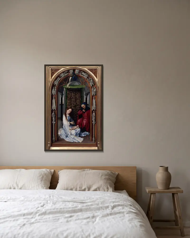 The Altar of Our Lady (Miraflores Altar), 1440 – nr 3 av Rogier van der Weyden inramad på en vägg