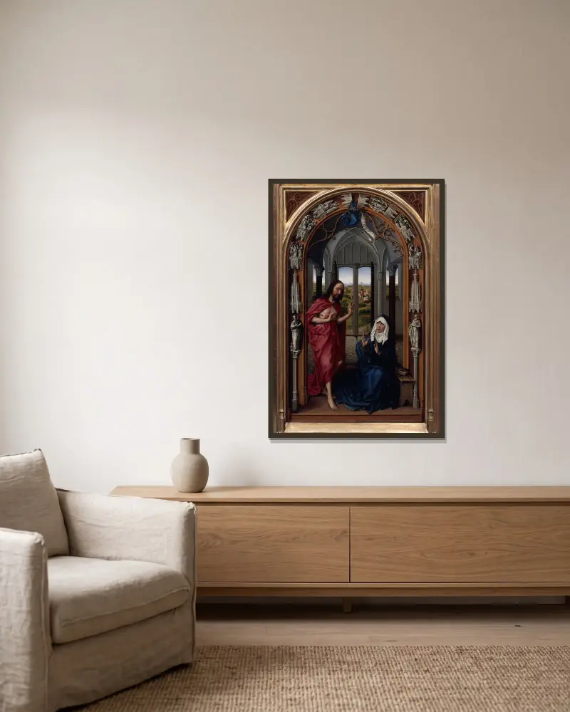 The Altar of Our Lady (Miraflores Altar), 1440 – nr 1 av Rogier van der Weyden inramad på en vägg