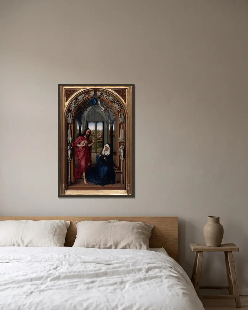 The Altar of Our Lady (Miraflores Altar), 1440 – nr 1 av Rogier van der Weyden inramad på en vägg