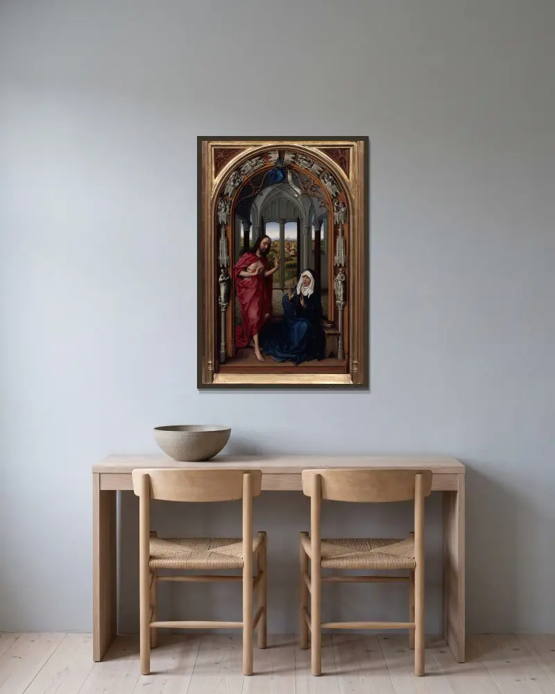 The Altar of Our Lady (Miraflores Altar), 1440 – nr 1 av Rogier van der Weyden inramad på en vägg
