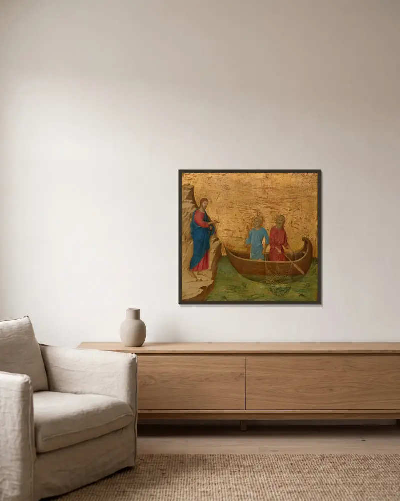 The Calling of the Apostles Peter and Andrew av Duccio di Buoninsegna inramad på en vägg