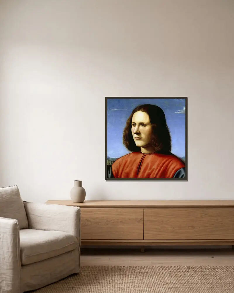 A Young Man av Piero di Cosimo inramad på en vägg