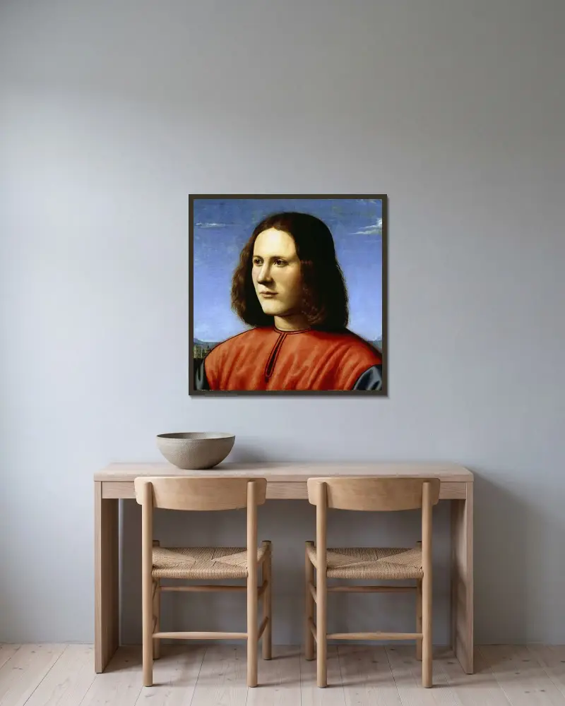 A Young Man av Piero di Cosimo inramad på en vägg