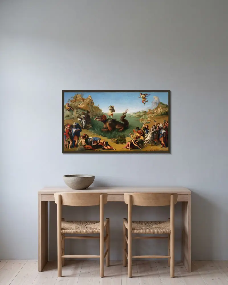 Perseus Frees Andromeda av Piero di Cosimo inramad på en vägg